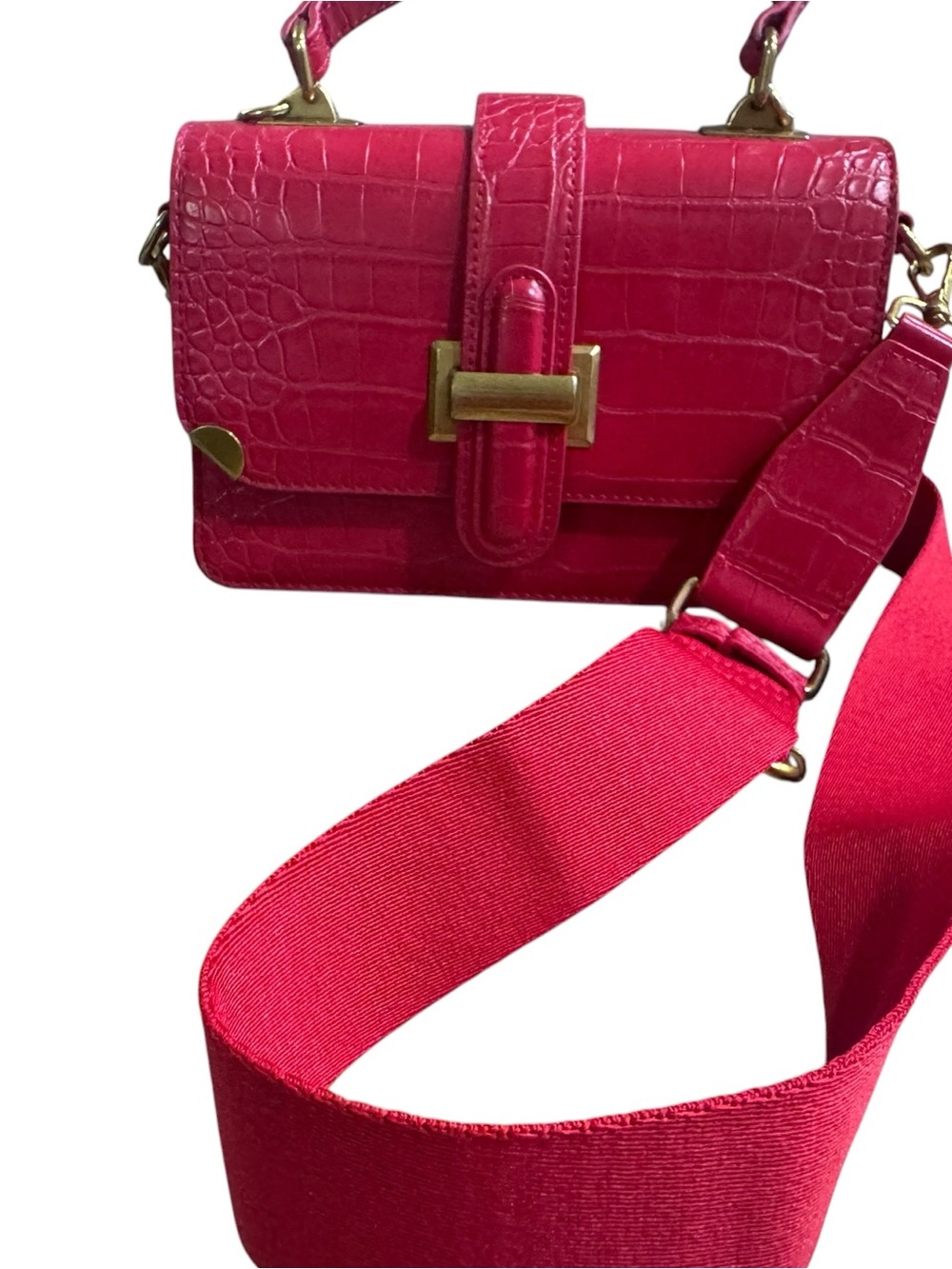 Red Croc-Embossed Crossbody Bag Wide Strap with Extra Strap